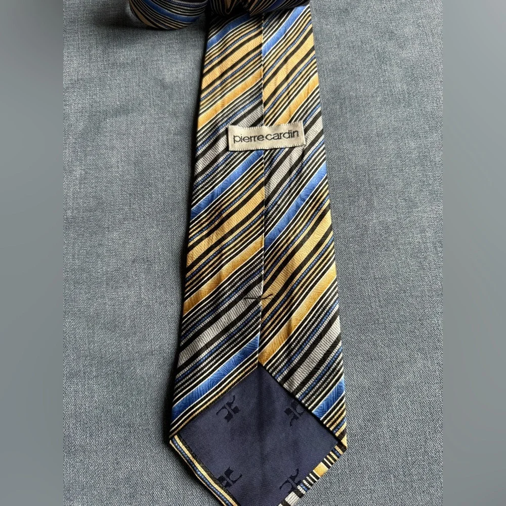 VTG Pierre Cardin Men’s 100% Silk Neck Tie Gold Blue Black Silver Striped Retro